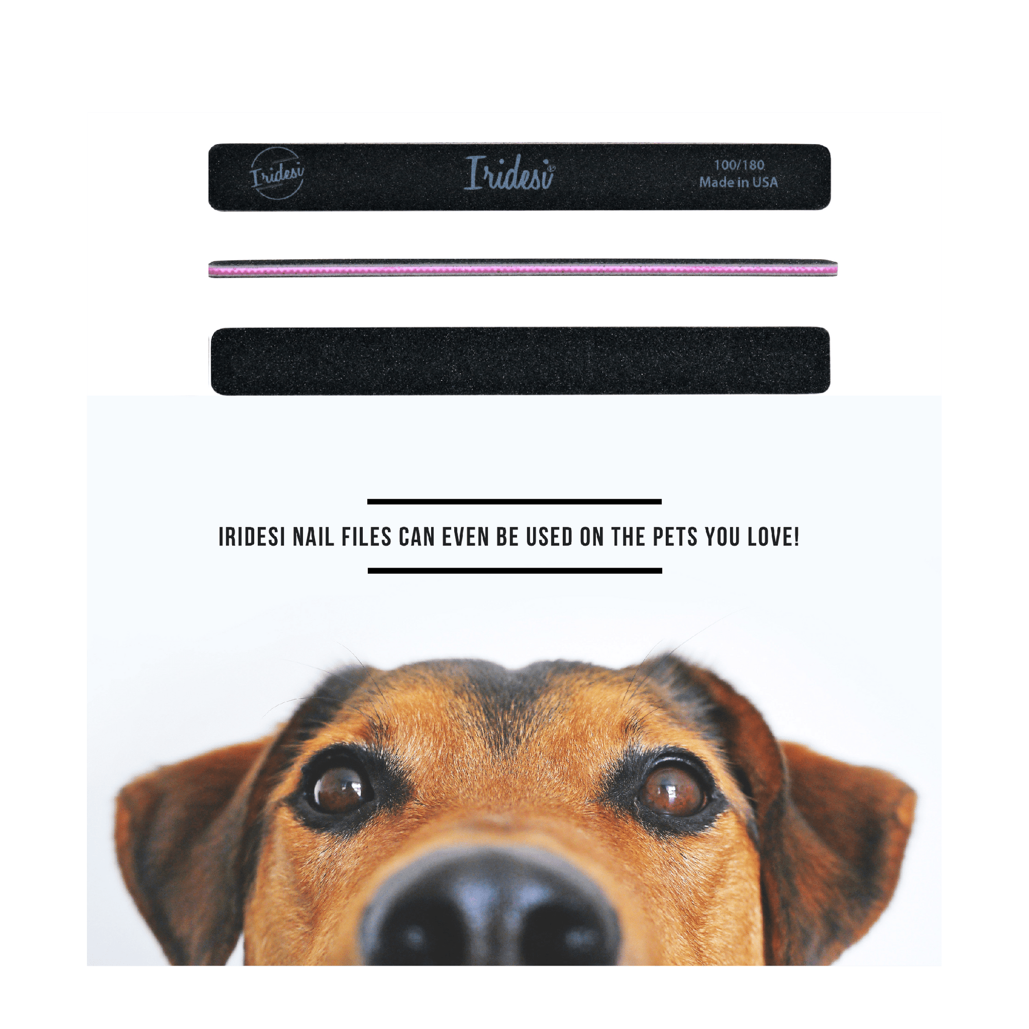 black iridesi nail files showing the front, side and back, above the text "Iridesi nail files can even be used on the pets you love!" A brown dogs face is looking at the camera at the bottom