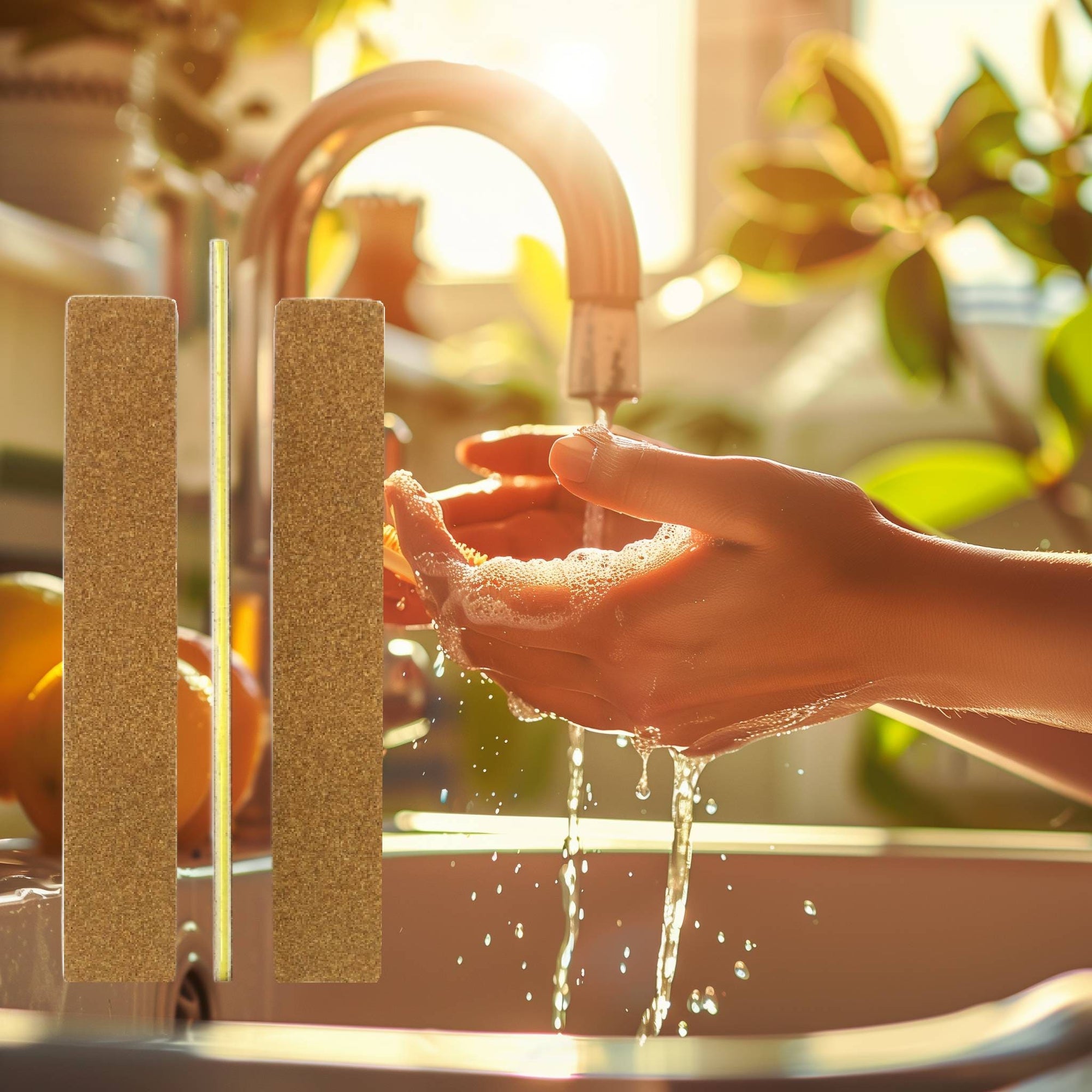 women washing her hands in the sink with the brown Iridesi nail files overlaying the image. The brown nail files have a yellow center and are in the shape called jumbo