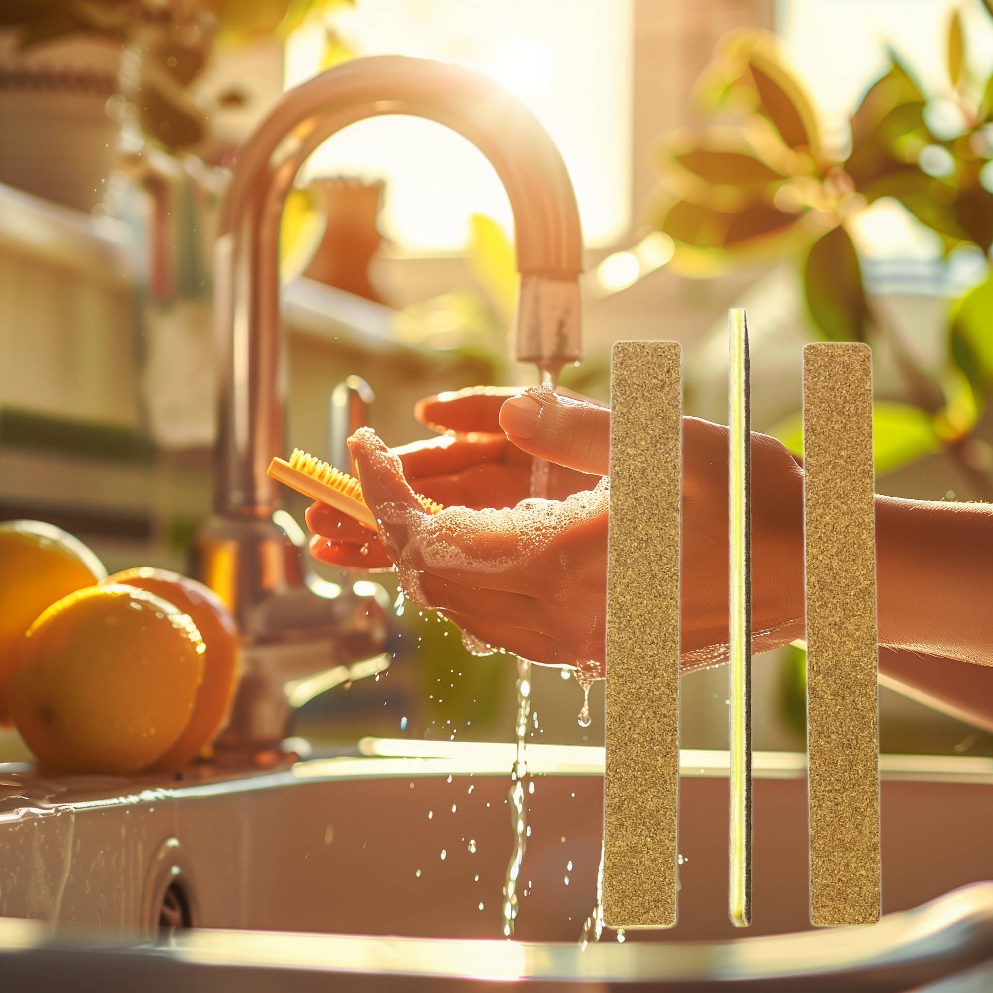 a women washes her hands at the sink in the sunlight. 3 brown nail files with a yellow center overlay the image.