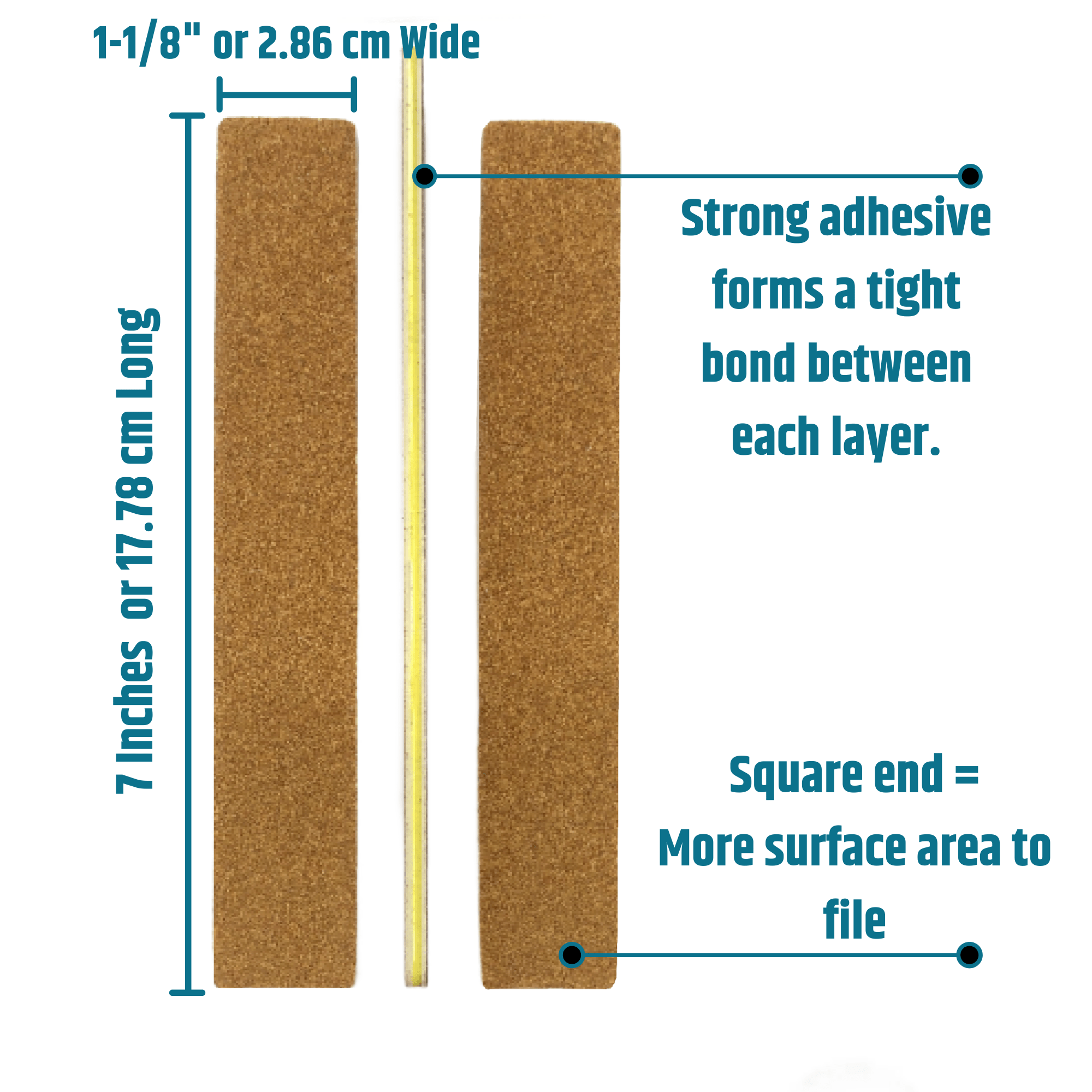 info graphic of the brown Iridesi nail files that are in the shape of jumbo. The infographic has the length, width as well as the words "strong adhesive forms a tight bond between each layer." As well as "square end = more surface area to file."