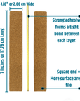 info graphic of the brown Iridesi nail files that are in the shape of jumbo. The infographic has the length, width as well as the words "strong adhesive forms a tight bond between each layer." As well as "square end = more surface area to file."