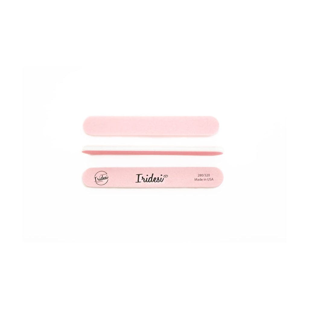 mini pink Iridesi nail files, 3.5 inches long, 1/2 inch wide, Iridesi printed logo, name and grit. White background.