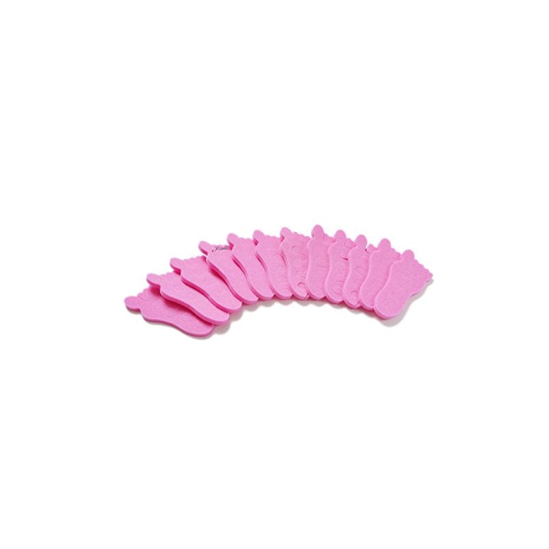 Teenie toe separators 12 pack. Pink toe separators in the shape of a baby foot. White background