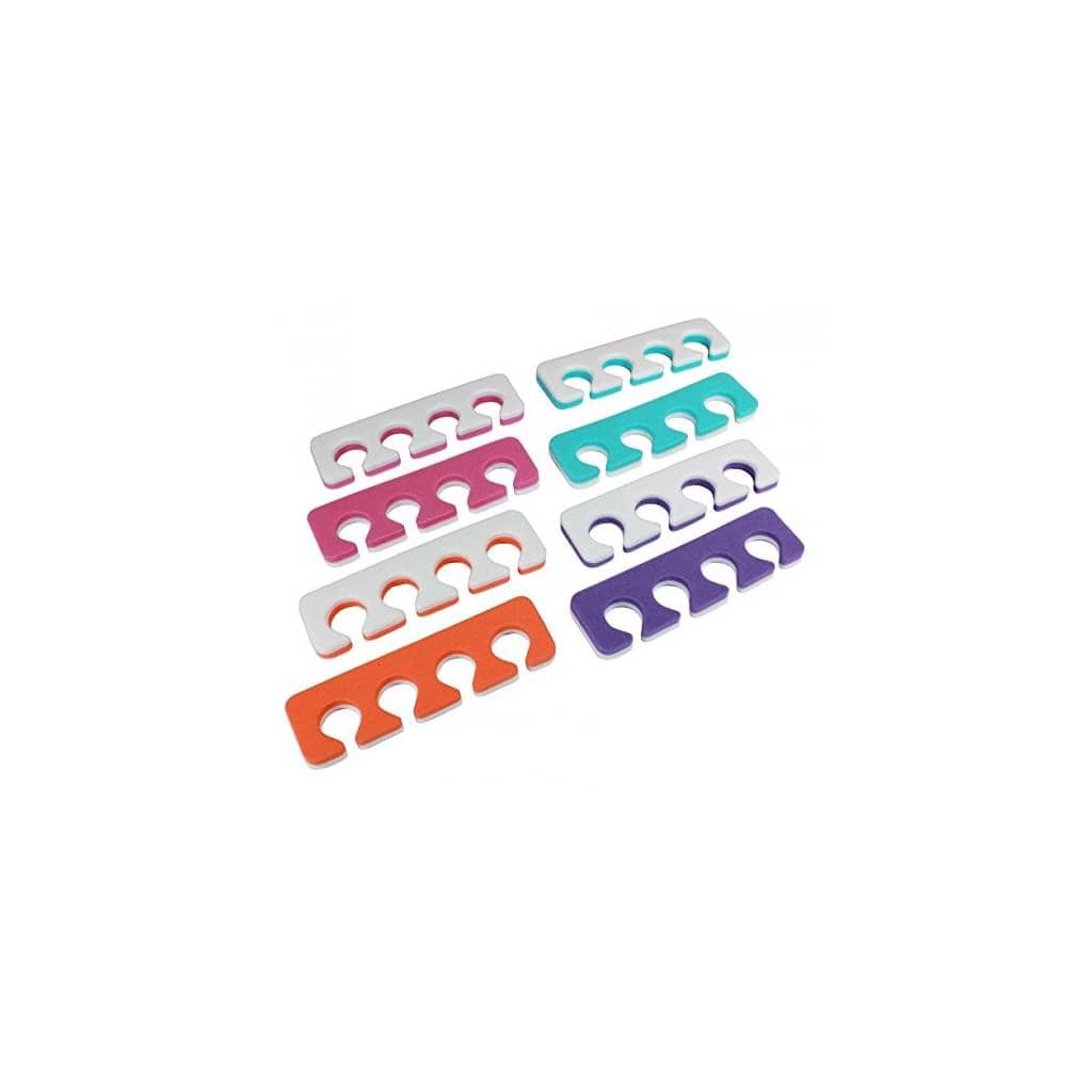Iridesi toe separators colors are purple, blue, orange, pink on one side white on the other.