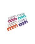 Iridesi toe separators colors are purple, blue, orange, pink on one side white on the other.