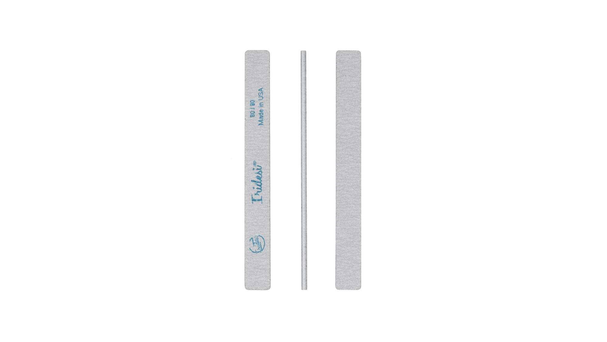 3 zebra square end nail files showing the front, side and back. Iridesi logo, name, grit and the text "made in USA" printed on the front of the nail file. plastic center is white.
