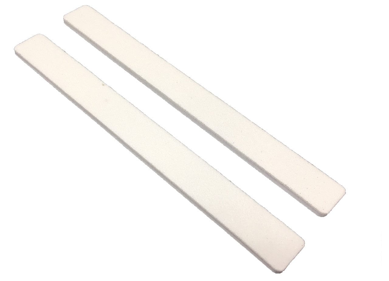 two white grit nail files, square end, white center on a white background.
