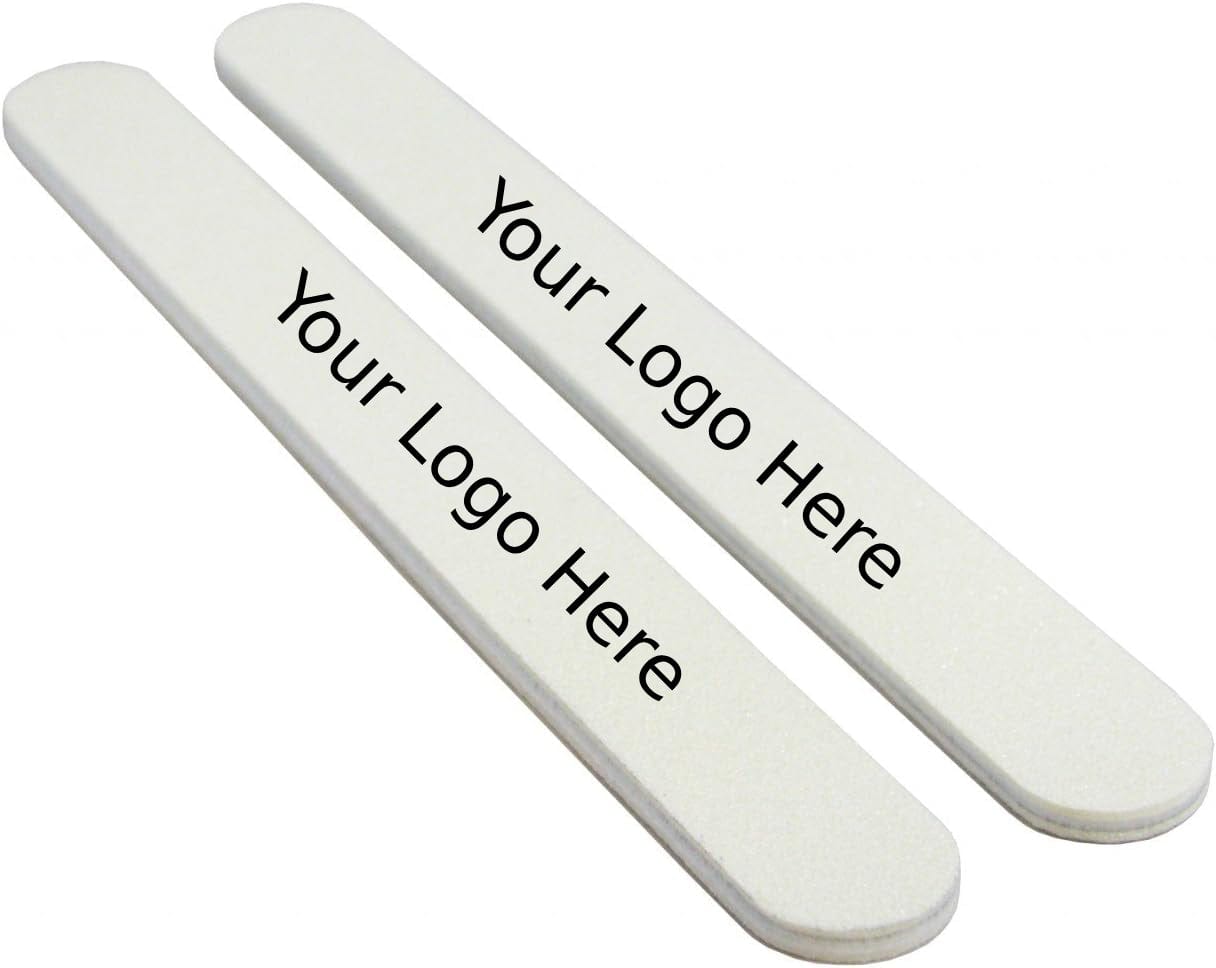 two round end nail files with white grit and white plastic center, the text "Your Logo Here" in the center of the nail file.