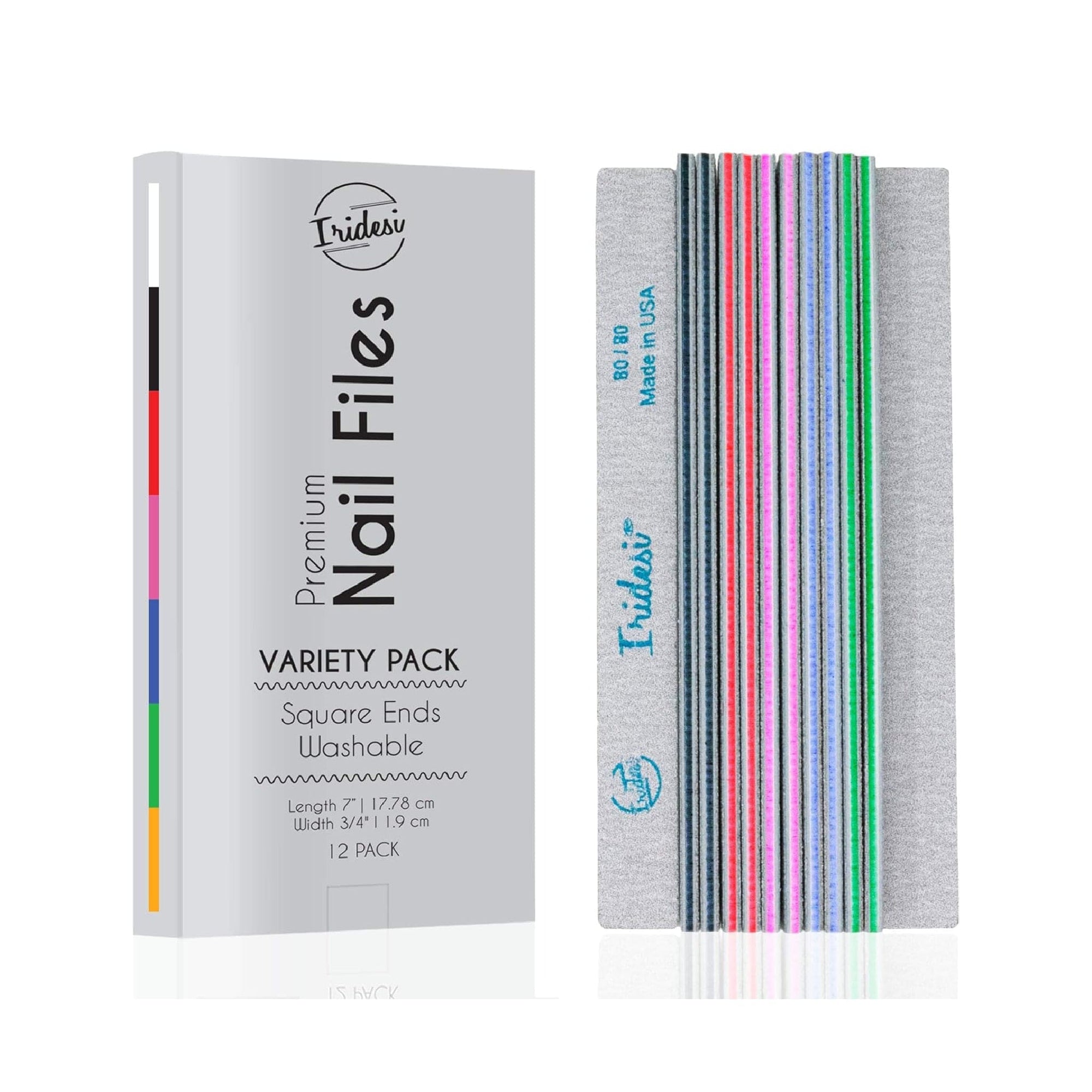 Iridesi zebra, color coded nail files, 7 inches long, square end with an Iridesi box that says" premium nail files variety pack, square end, washable, 12 pack