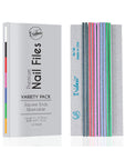 Iridesi zebra, color coded nail files, 7 inches long, square end with an Iridesi box that says" premium nail files variety pack, square end, washable, 12 pack
