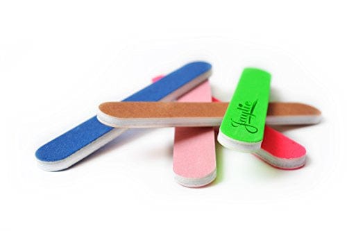 bright color mini nail files various colors, 1/2 inch wide in a pile.