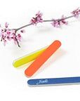 bright color mini nail file, 1/2 inch wide, yellow, orange, blue.