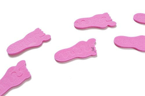 Teenie toe separators. Pink toe separators in the shape of a baby foot. White background. Place to look like foot print steps.