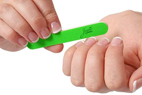bright green color mini nail files 1/2 inch wide in women's hands with French manicure