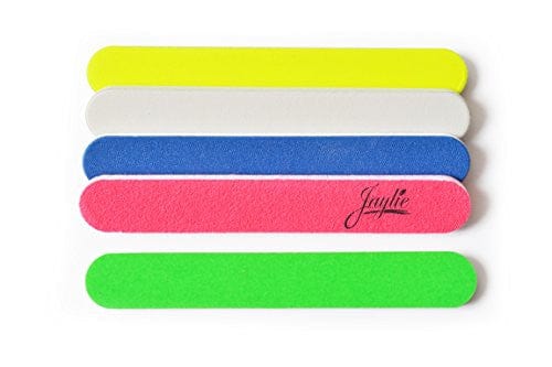 bright color nail files horizontally, 1/2 inch wide 3.5 inch long. From top to bottom, yellow, white, blue, pink, green.