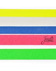 bright color nail files horizontally, 1/2 inch wide 3.5 inch long. From top to bottom, yellow, white, blue, pink, green.