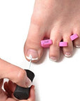 women's foot with the teenie toe separators on with a French pedicure. White background. Another women's hand applying a clear coat of nail polish.