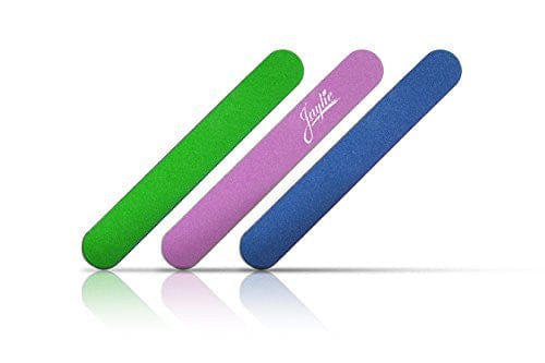 bright color mini nail files on a 45 degree angle. Green, purple, blue. White background.