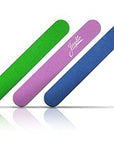 bright color mini nail files on a 45 degree angle. Green, purple, blue. White background.
