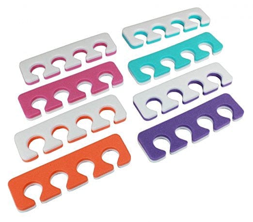 Iridesi toe separators colors are purple, blue, orange, pink on one side white on the other.