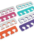 Iridesi toe separators colors are purple, blue, orange, pink on one side white on the other.