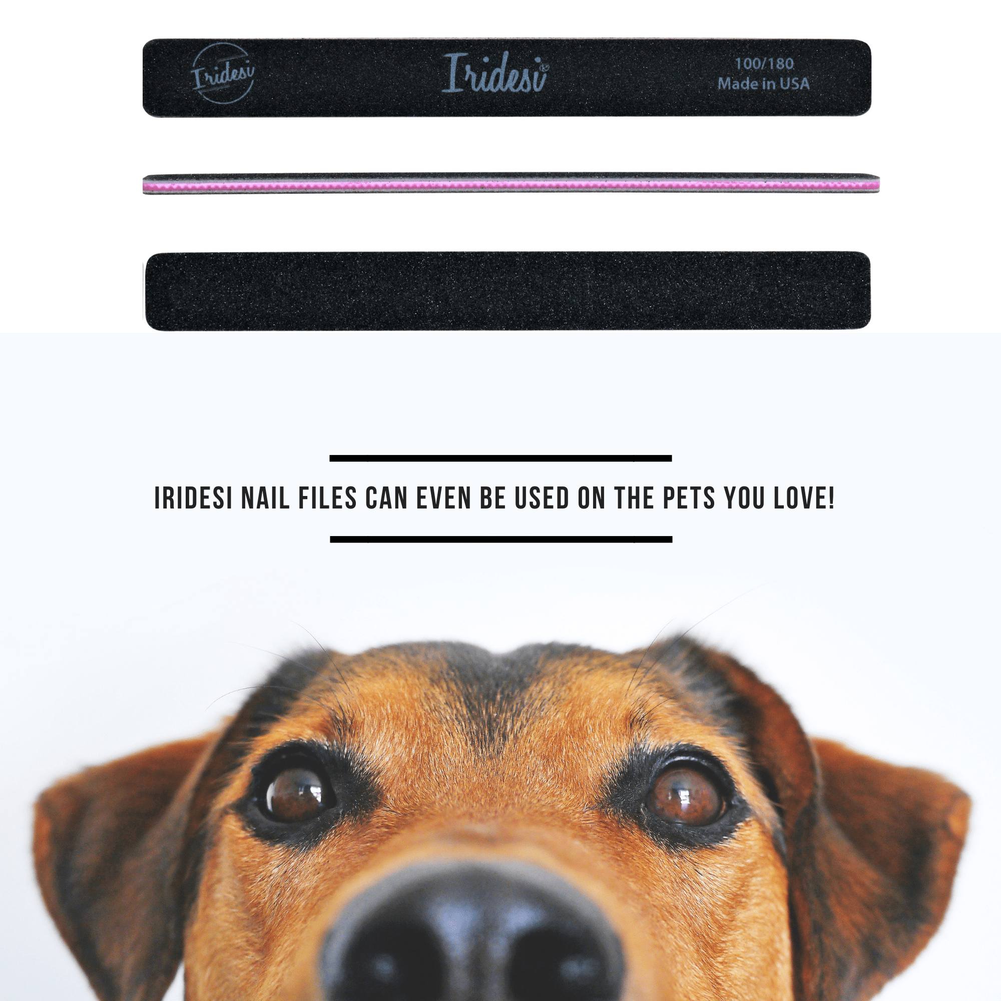 black iridesi nail files showing the front, side and back, above the text "Iridesi nail files can even be used on the pets you love!" A brown dogs face is looking at the camera at the bottom