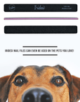 black iridesi nail files showing the front, side and back, above the text "Iridesi nail files can even be used on the pets you love!" A brown dogs face is looking at the camera at the bottom
