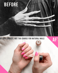 image split in a top and bottom half. top has a black and white color of a man with long fingernails, with the text "before" in the top left corner. The bottom is the image of a women's hands putting on sparkle nail polish in pink. The text "lots of grit choices, not too coarse for natural nails," as well as the text "after" in the top right corner.
