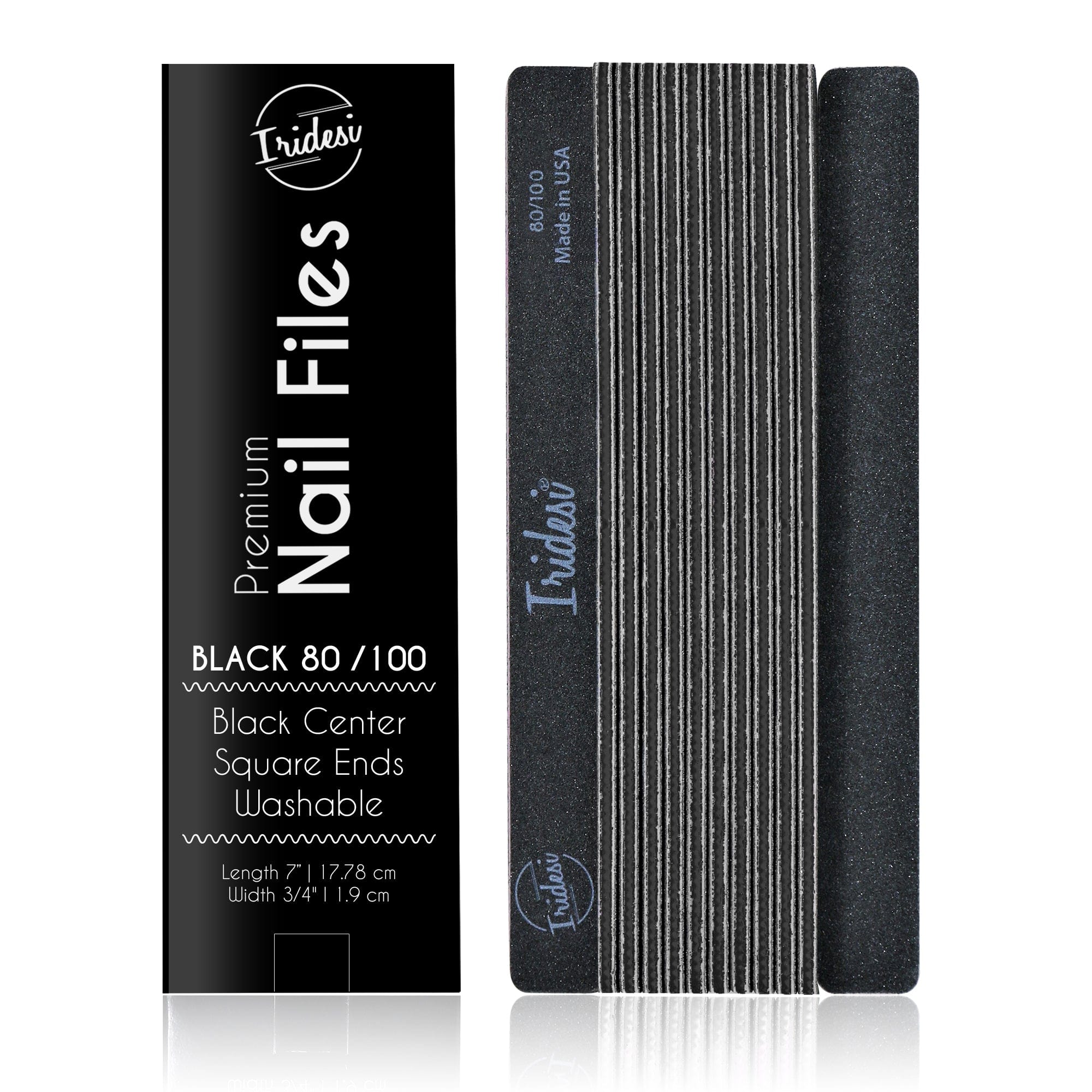 black Iridesi nail files, square end, color coded with box "Premium nail files, black 80/100, black center on front of the box. 12 nail files stacked in a line, front side showing Iridesi brand markings, last back side showing no printing.