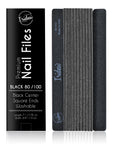 black Iridesi nail files, square end, color coded with box "Premium nail files, black 80/100, black center on front of the box. 12 nail files stacked in a line, front side showing Iridesi brand markings, last back side showing no printing.