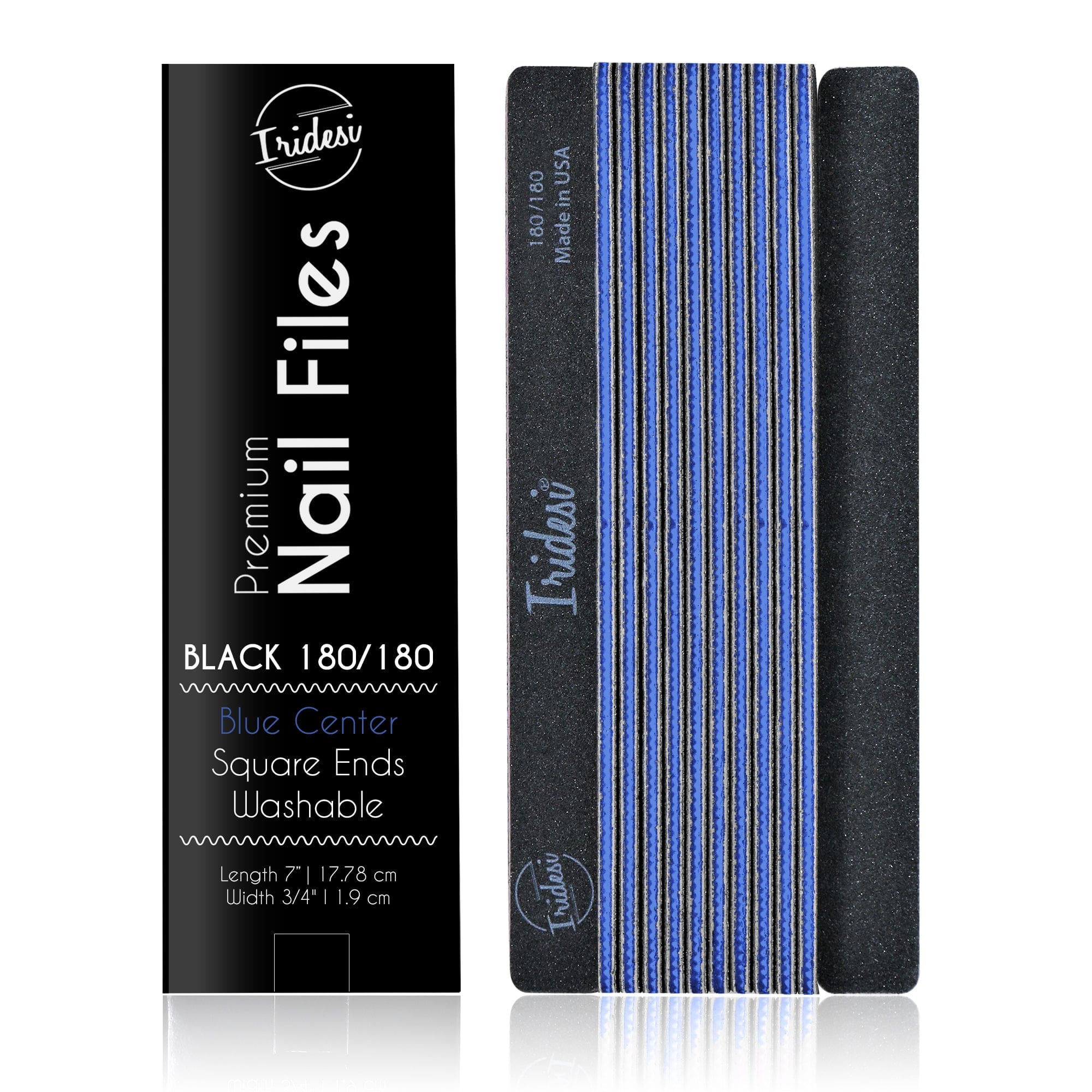 black Iridesi nail files, square end, color coded with box "Premium nail files, black 180/180, blue center on front of the box. 12 nail files stacked in a line, front side showing Iridesi brand markings, last back side showing no printing.