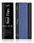 black Iridesi nail files, square end, color coded with box "Premium nail files, black 180/180, blue center on front of the box. 12 nail files stacked in a line, front side showing Iridesi brand markings, last back side showing no printing.