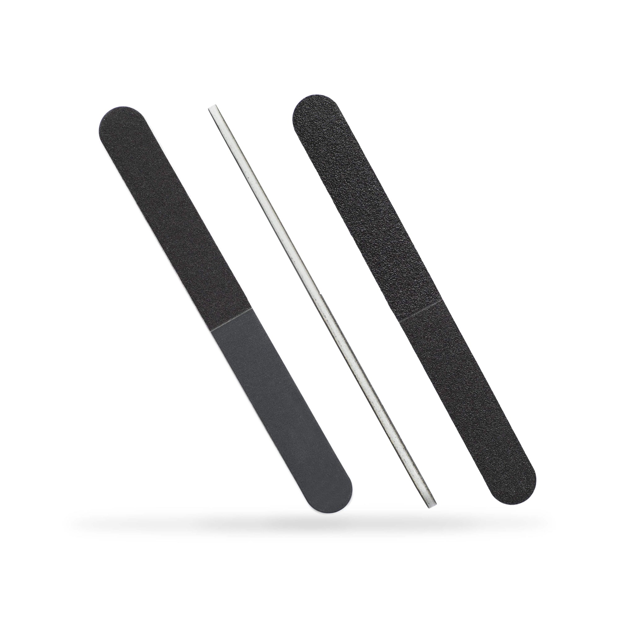 black 4 way nail files, white center, white background.