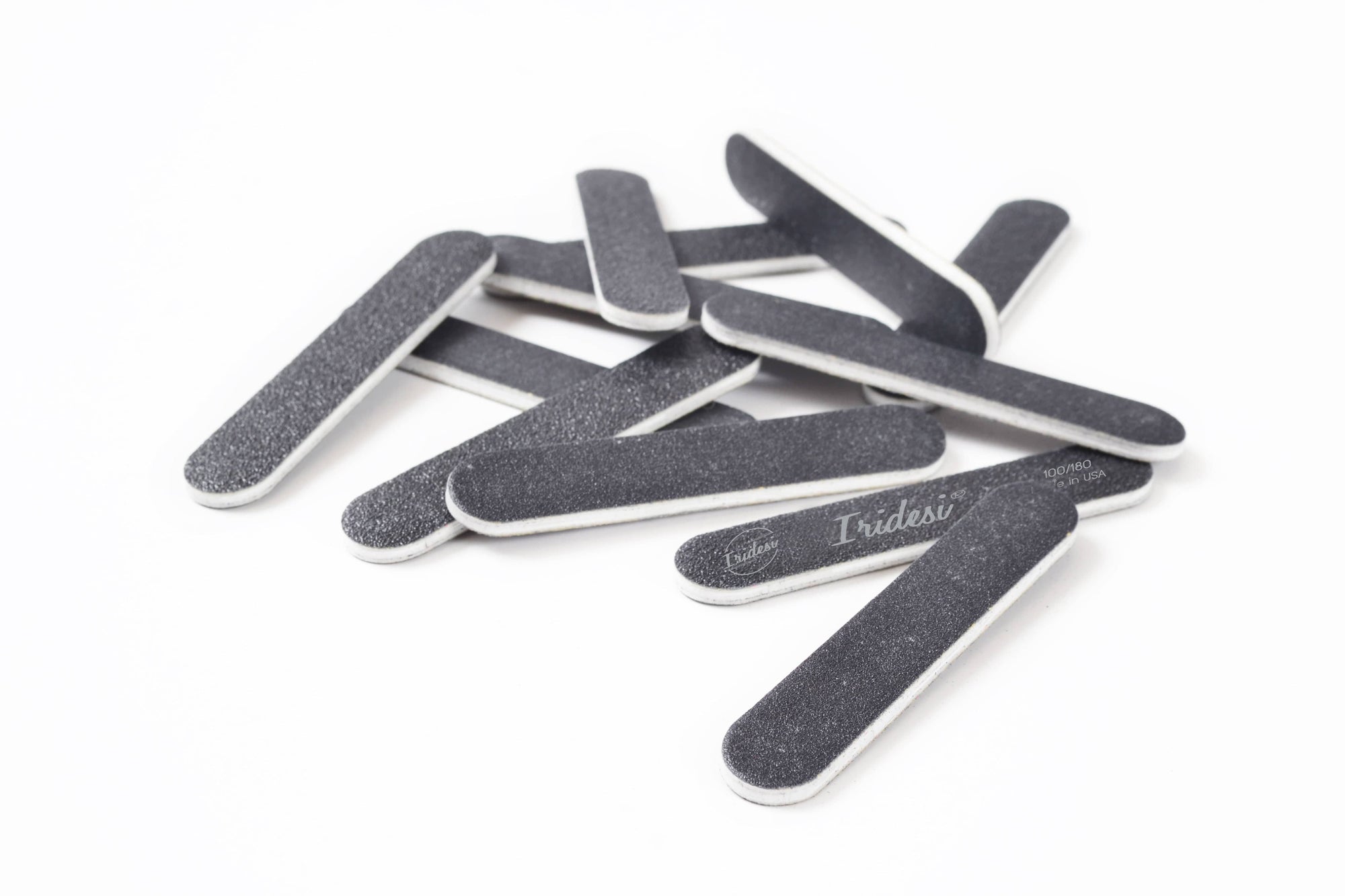 mini black nail files 100/180 grit, white background, white plastic center.