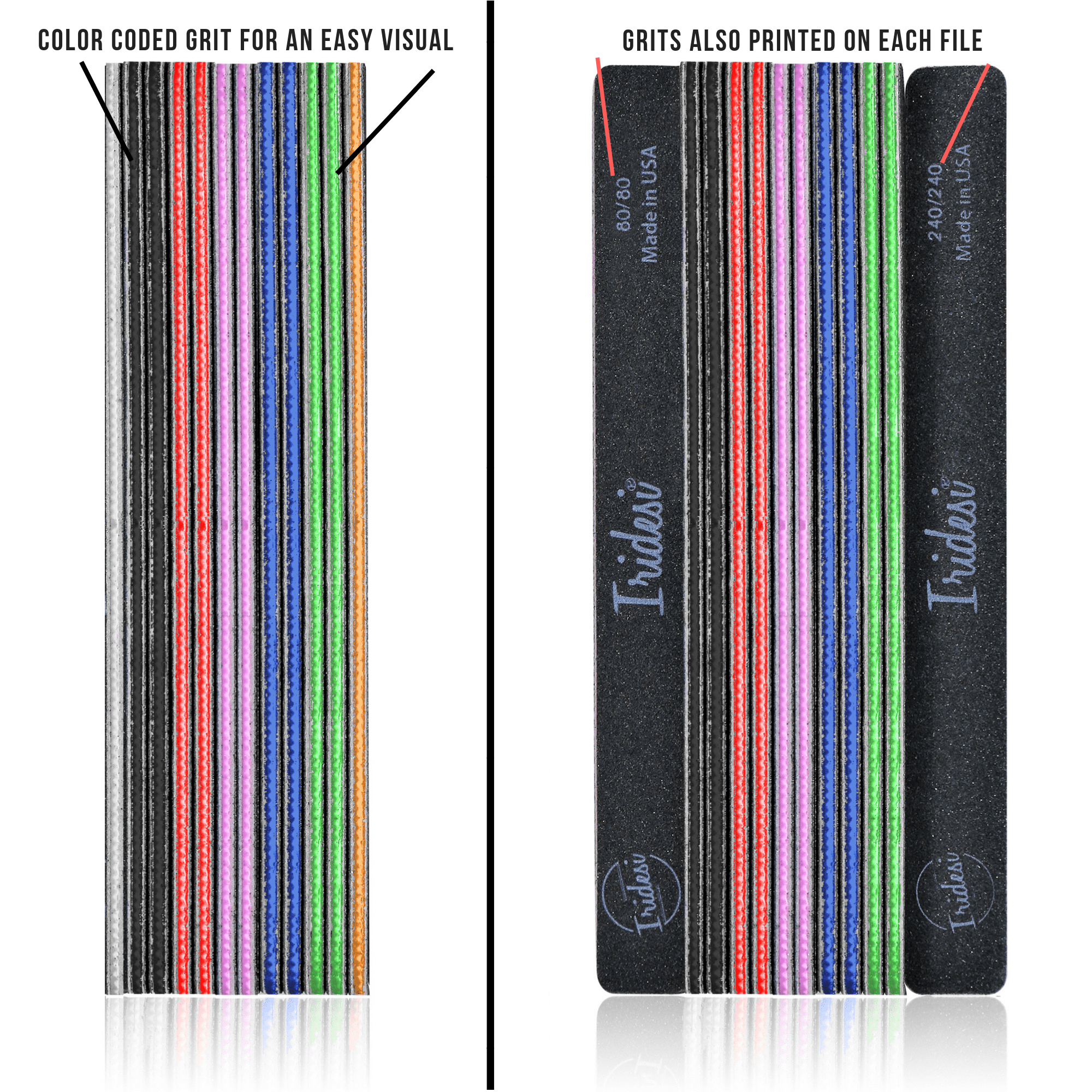 a variety pack of the black color coded nail files, square end with the text "color coded grit for an easy visual, grits are also printed on each file."