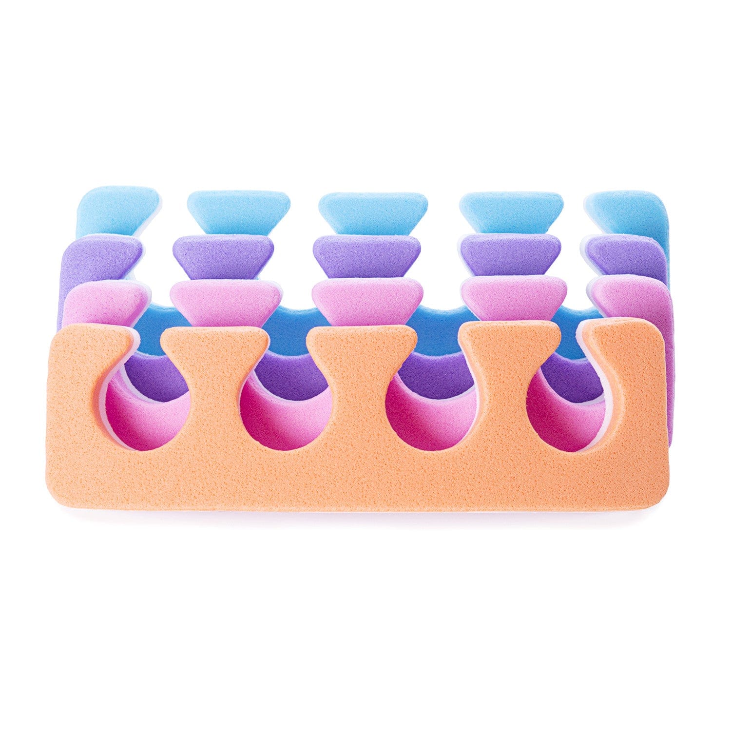 Iridesi toe separators colors are purple, blue, orange, pink on one side white on the other.