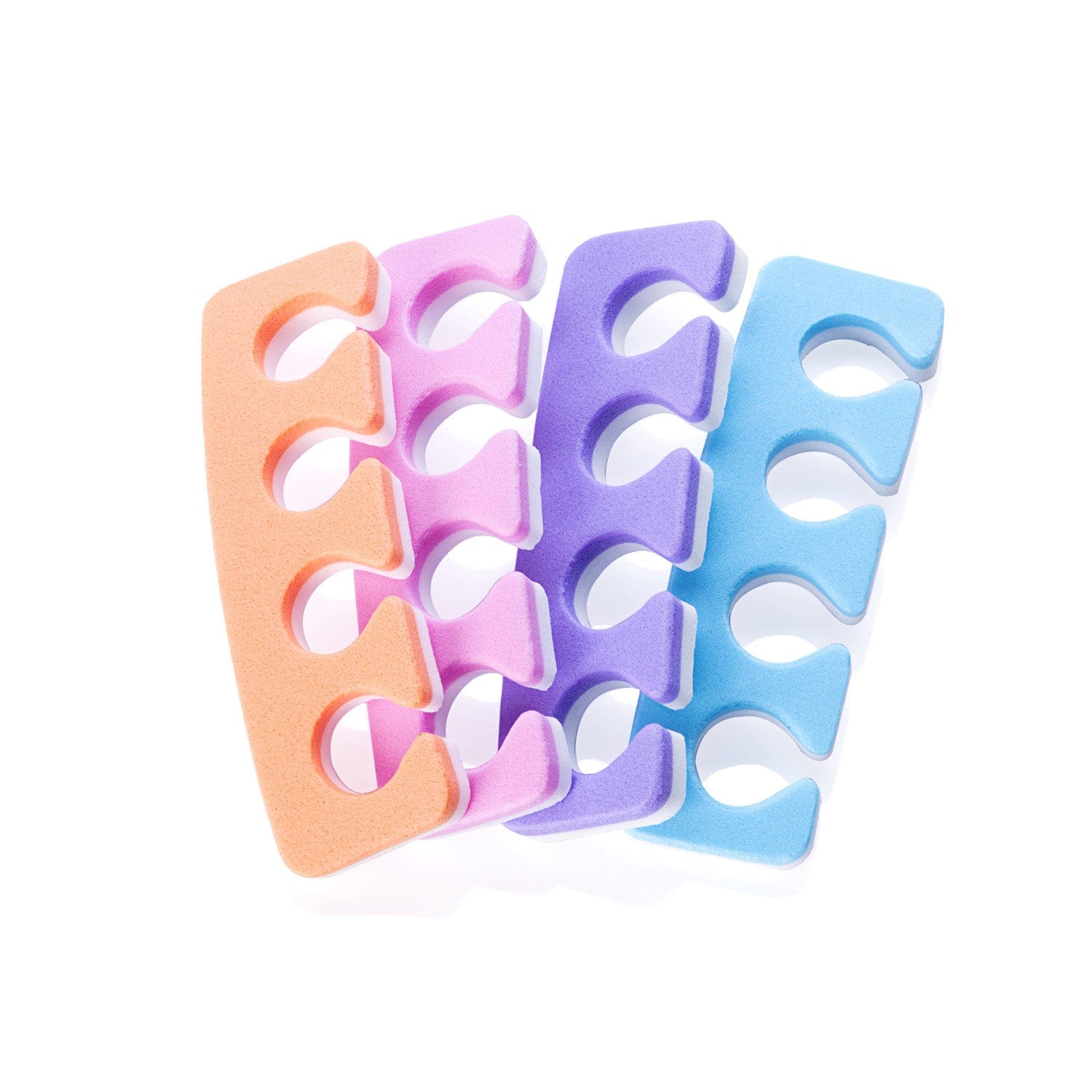 Iridesi toe separators colors are purple, blue, orange, pink on one side white on the other.