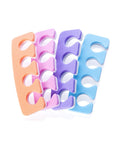 Iridesi toe separators colors are purple, blue, orange, pink on one side white on the other.