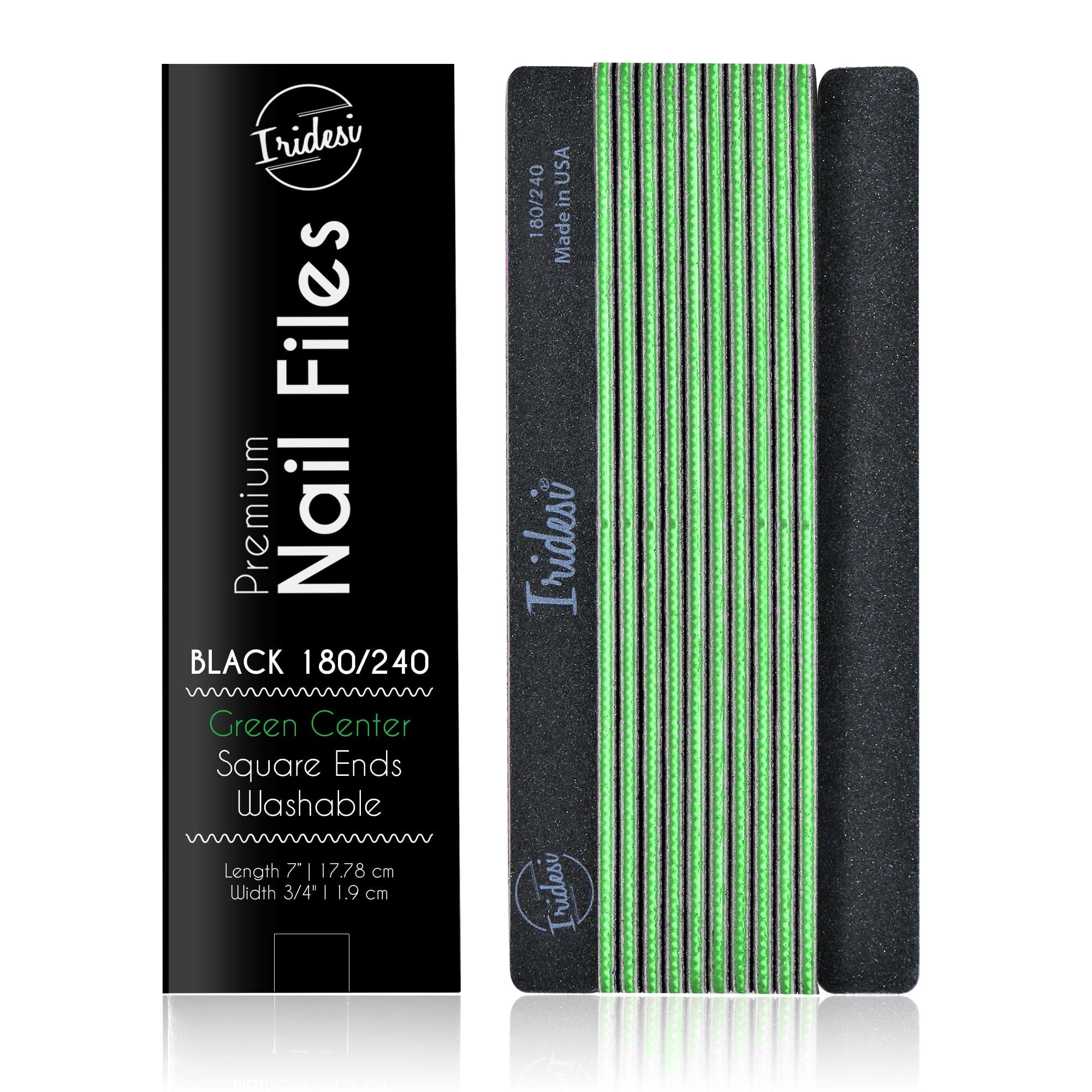 black Iridesi nail files, square end, color coded with box "Premium nail files, black 180/240, green center on front of the box. 12 nail files stacked in a line, front side showing Iridesi brand markings, last back side showing no printing.