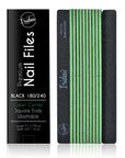 black Iridesi nail files, square end, color coded with box "Premium nail files, black 180/240, green center on front of the box. 12 nail files stacked in a line, front side showing Iridesi brand markings, last back side showing no printing.