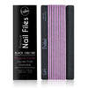 black Iridesi nail files, square end, color coded with box "Premium nail files, black 100/180, magenta center on front of the box. 12 nail files stacked in a line, front side showing Iridesi brand markings, last back side showing no printing.
