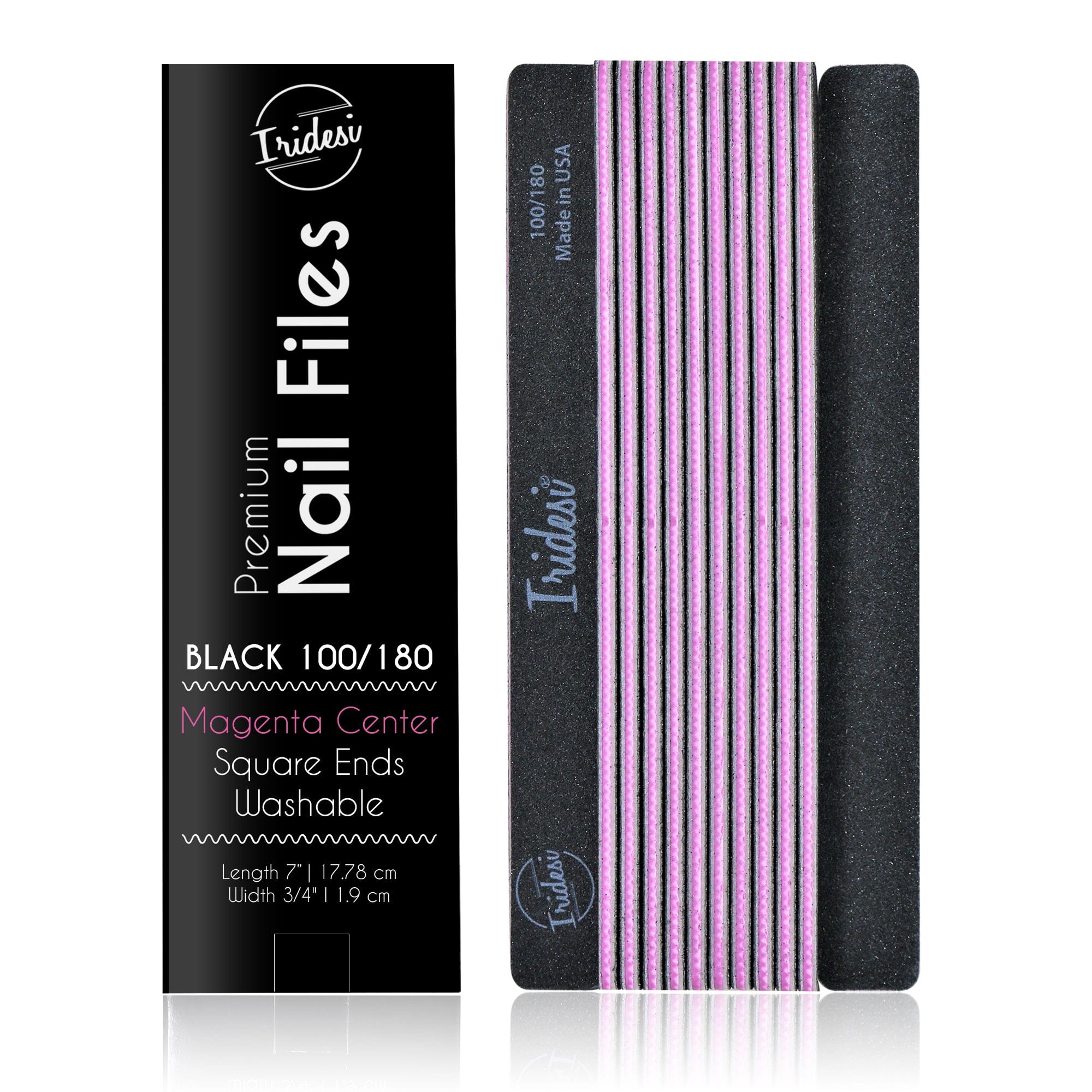 black Iridesi nail files, square end, color coded with box "Premium nail files, black 100/180, magenta center on front of the box. 12 nail files stacked in a line, front side showing Iridesi brand markings, last back side showing no printing.