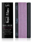 black Iridesi nail files, square end, color coded with box "Premium nail files, black 100/180, magenta center on front of the box. 12 nail files stacked in a line, front side showing Iridesi brand markings, last back side showing no printing.