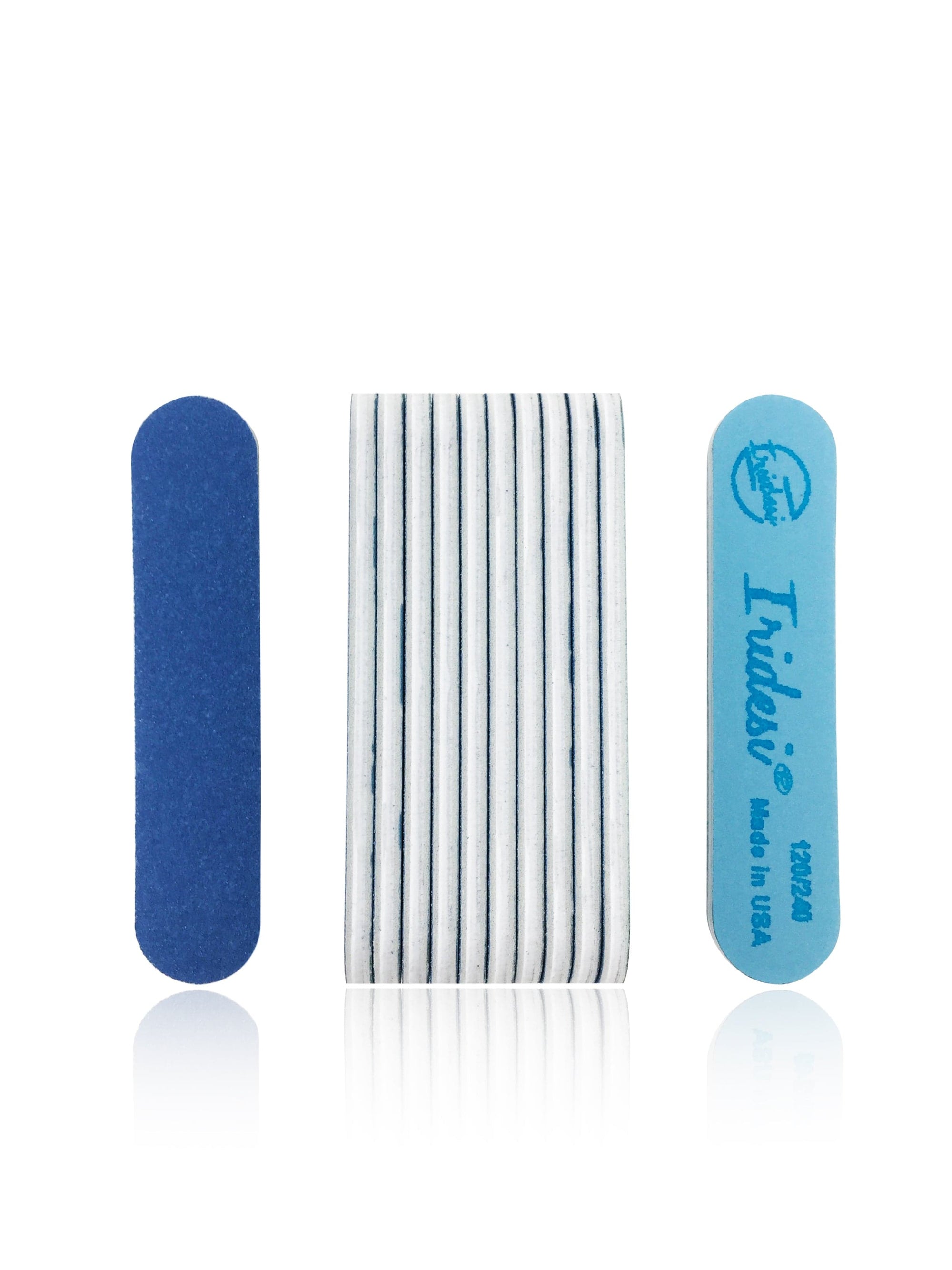 Iridesi mini blue nail files, 3/4 inch wide, showing back and front. Front has printing of Iridesi logo, name, and grit, 120/240