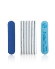 Iridesi mini blue nail files, 3/4 inch wide, showing back and front. Front has printing of Iridesi logo, name, and grit, 120/240