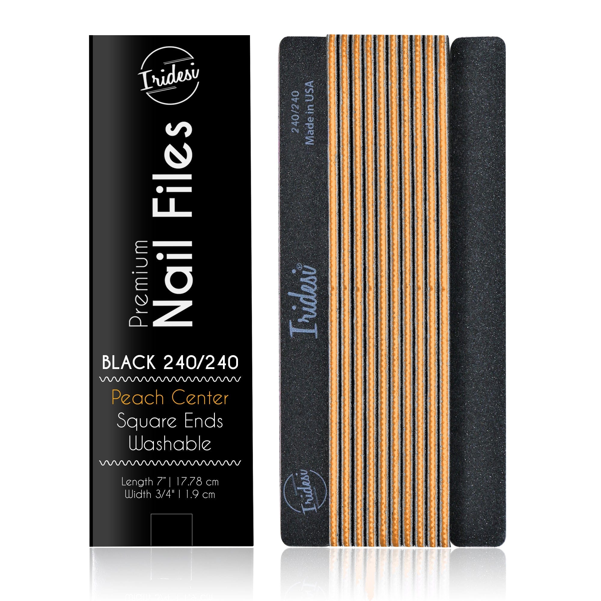 black Iridesi nail files, square end, color coded with box "Premium nail files, black 240/240, peach center on front of the box. 12 nail files stacked in a line, front side showing Iridesi brand markings, last back side showing no printing.