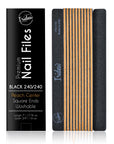 black Iridesi nail files, square end, color coded with box "Premium nail files, black 240/240, peach center on front of the box. 12 nail files stacked in a line, front side showing Iridesi brand markings, last back side showing no printing.