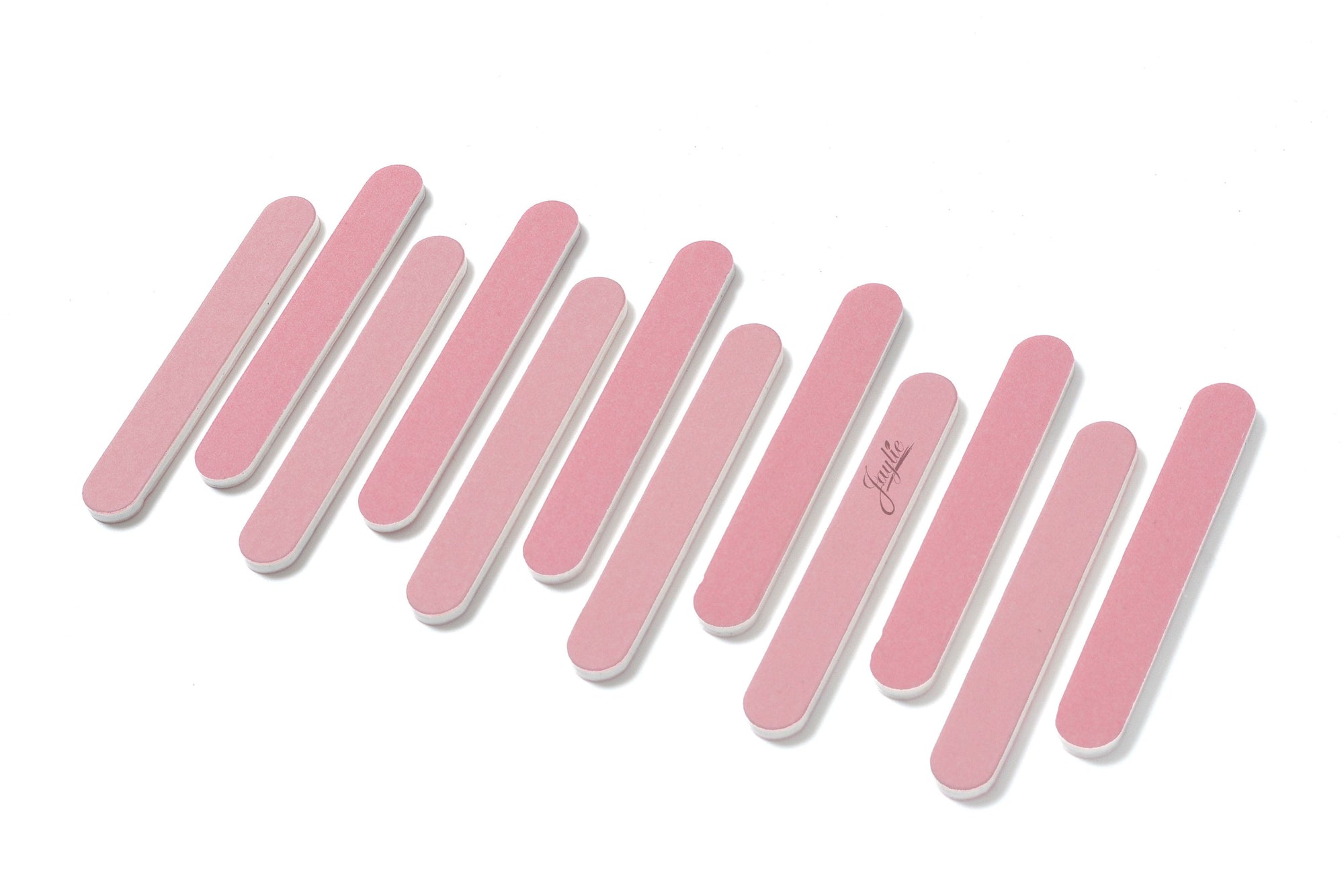 mini pink Iridesi nail files, 3.5 inches long, 1/2 inch wide, Iridesi printed logo, name and grit. White background.