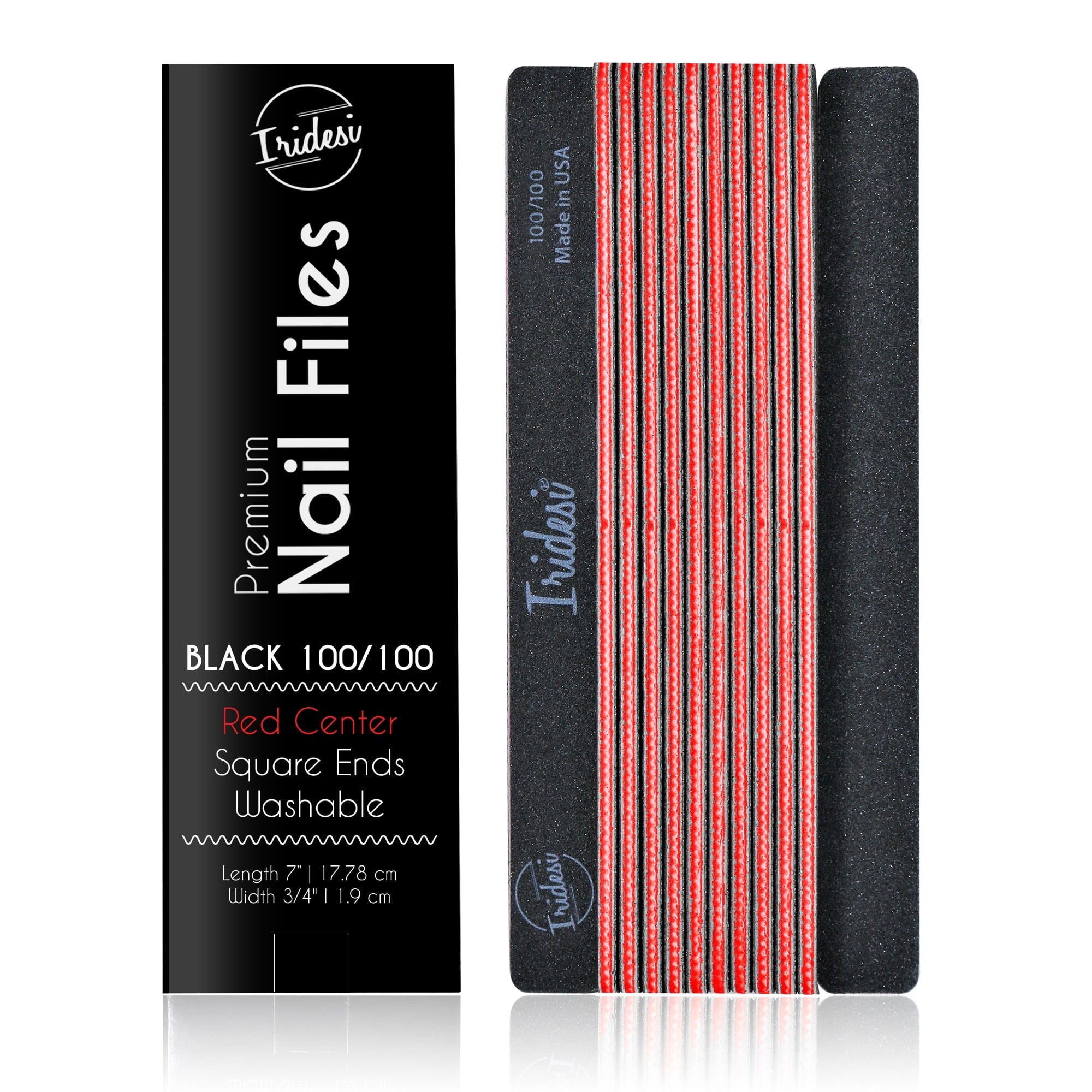 black Iridesi nail files, square end, color coded with box "Premium nail files, black 100/100, red center on front of the box. 12 nail files stacked in a line, front side showing Iridesi brand markings, last back side showing no printing.
