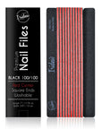 black Iridesi nail files, square end, color coded with box "Premium nail files, black 100/100, red center on front of the box. 12 nail files stacked in a line, front side showing Iridesi brand markings, last back side showing no printing.